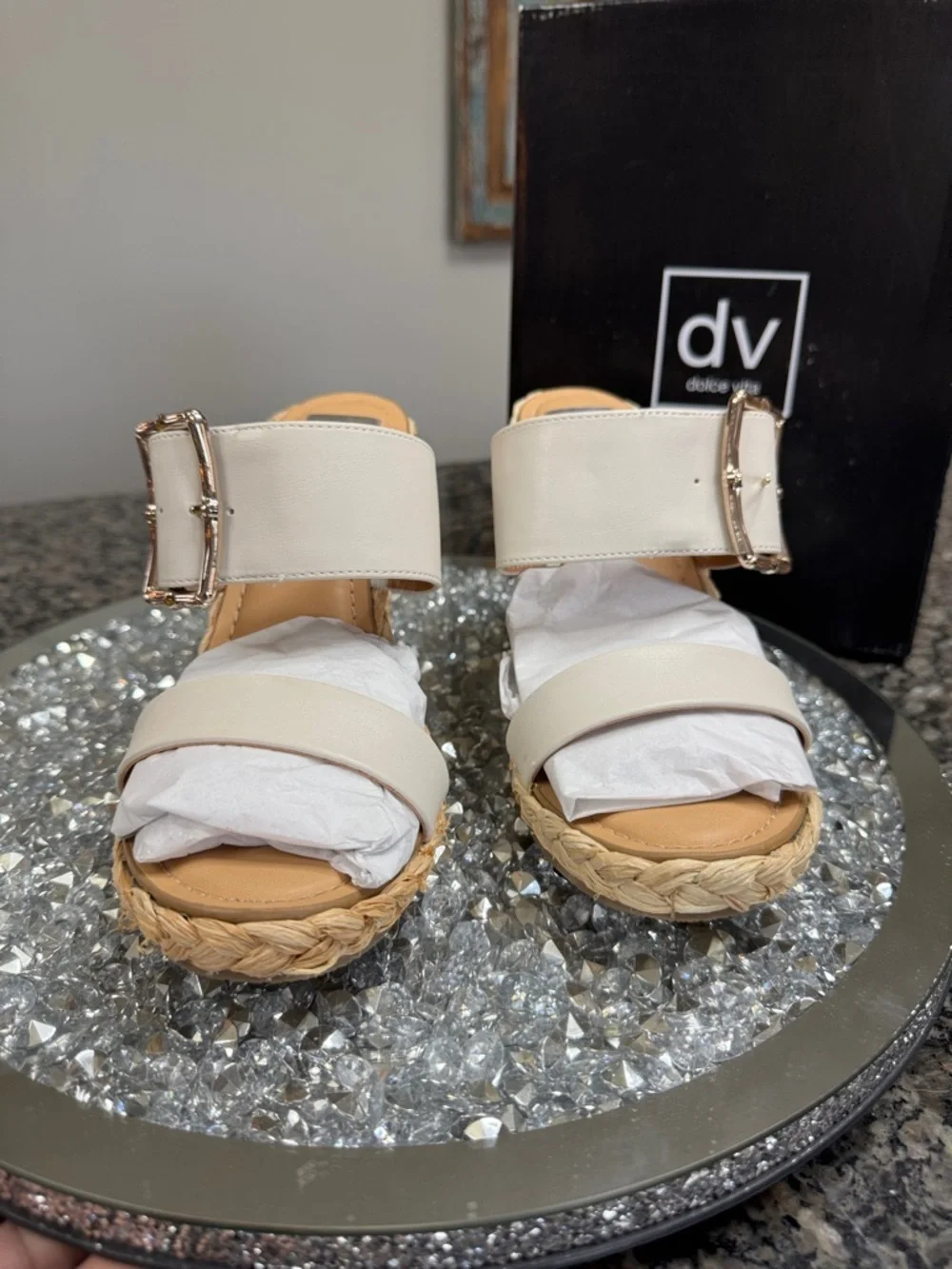 Dolce Vita Cream Woven Espadrille Wedge Sandals with Gold Buckle NEW 10